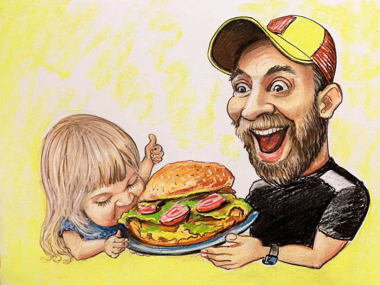 Lauris und Tochter mit Burger (gemalt)